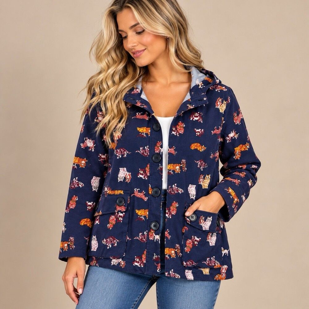 ModCloth Anthropologie Hit The Trails Jacket XL Cat Print Hooded Anorak Navy